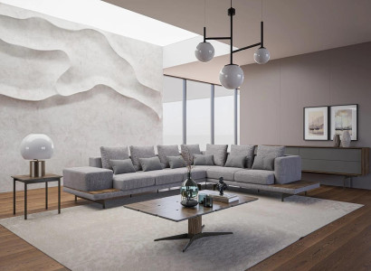 Luxus Grau Polstersofa L-Form Holz Couchtisch mit Beistelltisch Wohnzimmer